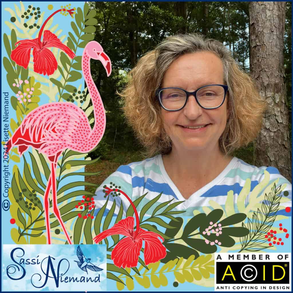 Photograph of Lisette Niemand with some graphic design drawings