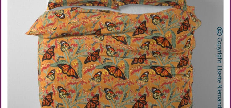 Bedding mock-up of A Butterfly’s Poison (A monarch butterfly fabric design) pattern by Lisette Niemand featuring hand-drawn monarch butterflies, milkweed flowers, and caterpillars in a realistic botanical style.