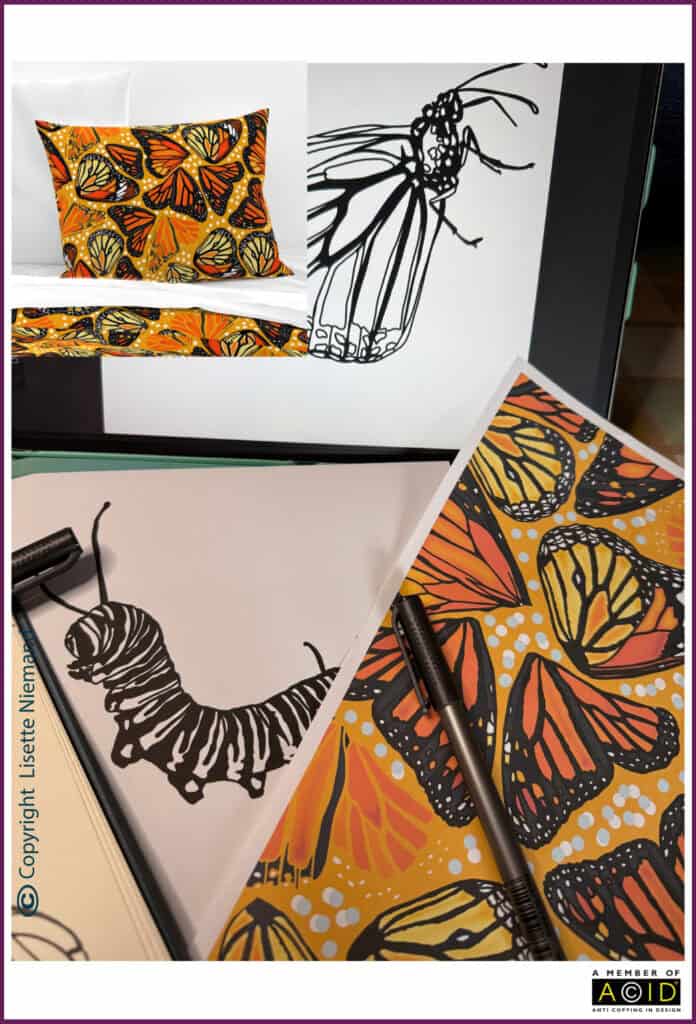 Collage showing Lisette Niemand’s creative process including iPad sketches of a monarch butterfly, an ink drawing of a caterpillar on paper, and a printed pattern called A Butterfly’s Wings featuring abstract wing shapes.