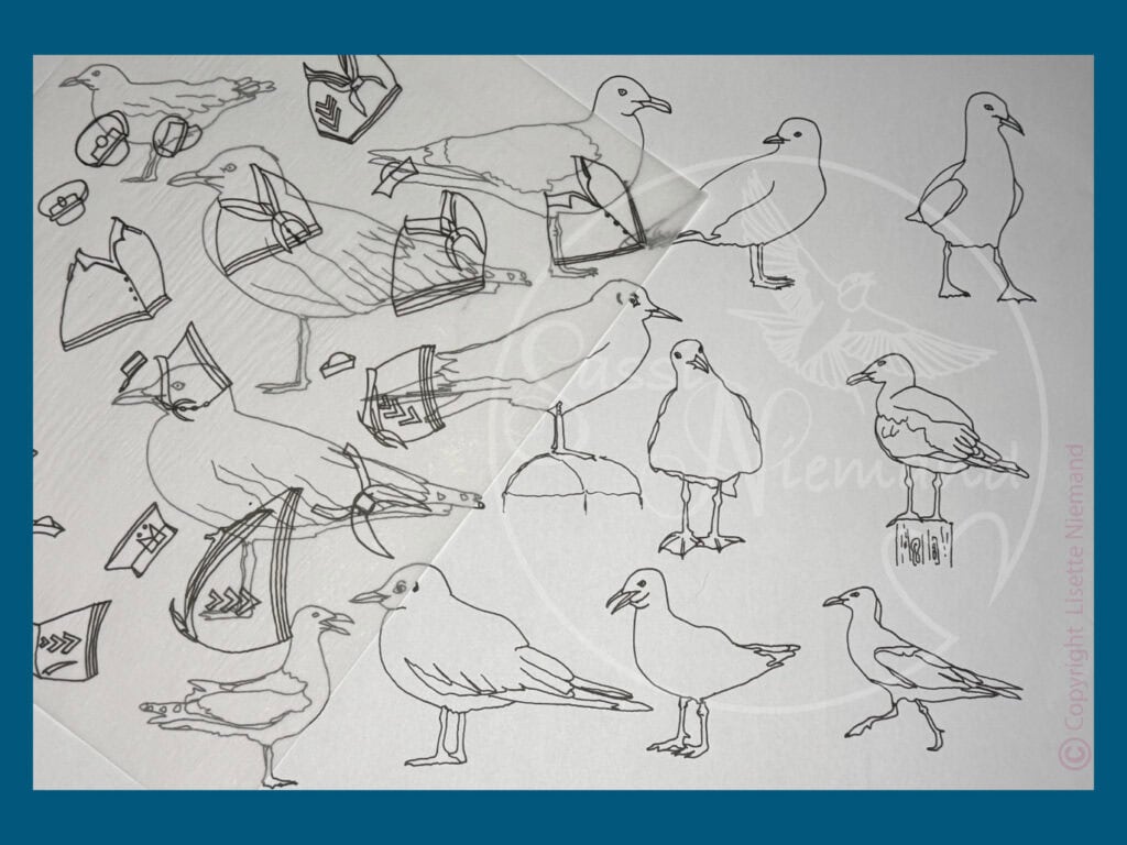 Photo of Lisette Niemand’s hand-drawn seagull sketches in various poses, overlaid with clothing drawings on tracing paper as part of her surface pattern design process. A light watermark protects the original sketches.