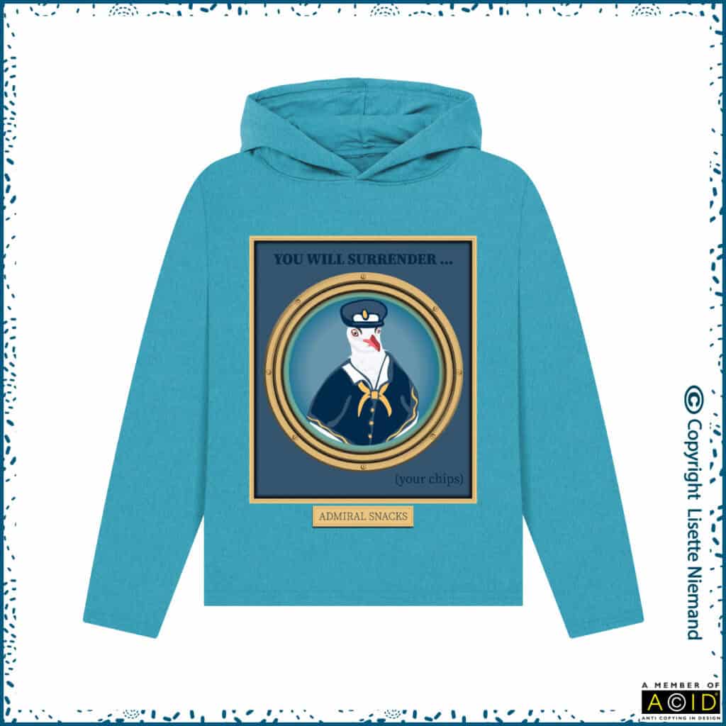 Hoodie mock-up featuring Admiral Snacks, an illustrated seagull character by Lisette Niemand from the Nauti Gulls Collection. Quirky coastal fashion item printed on organic cotton.