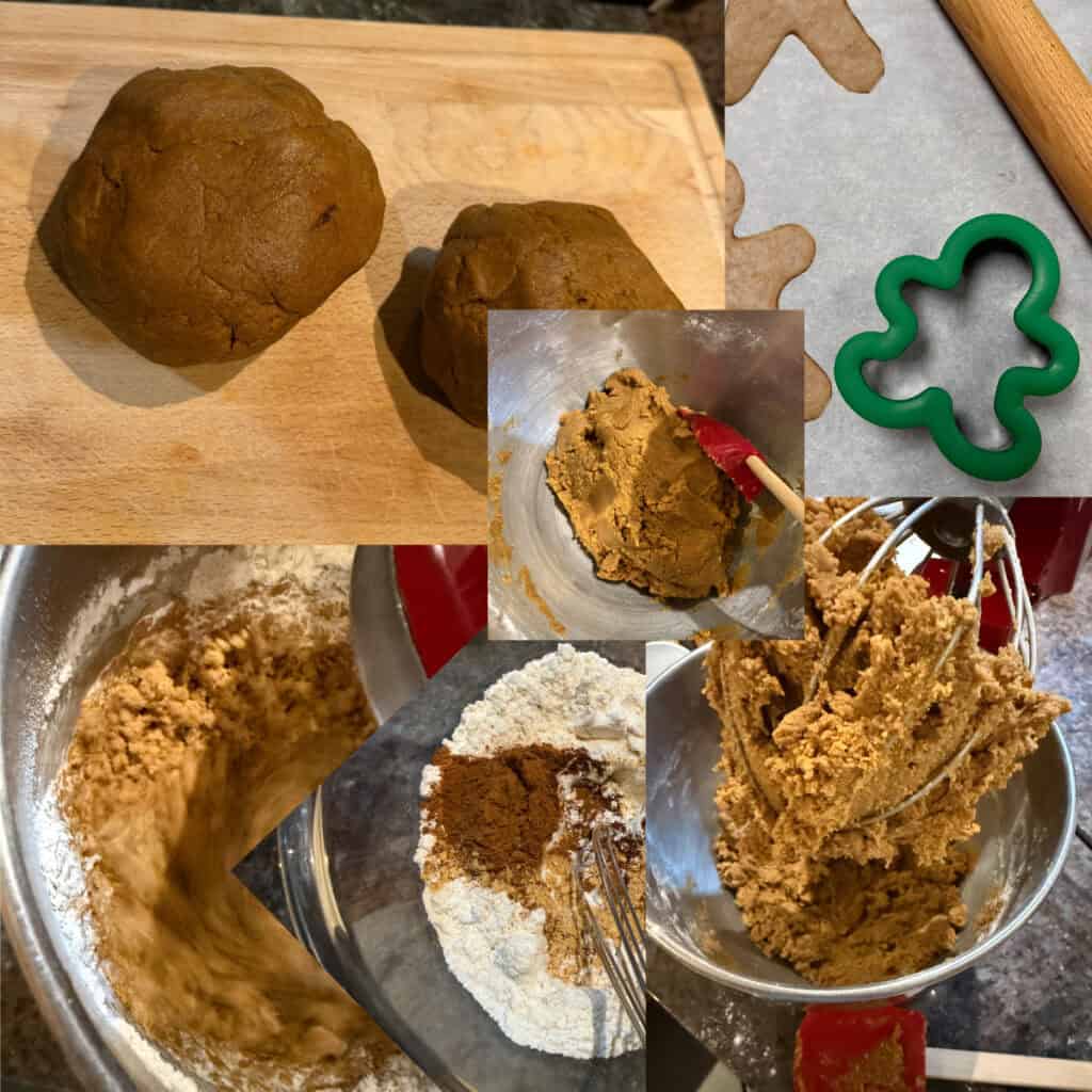 Collage of gingerbread baking process including recipe steps, ingredients, mixing bowl, dough preparation, and festive kitchen setup.