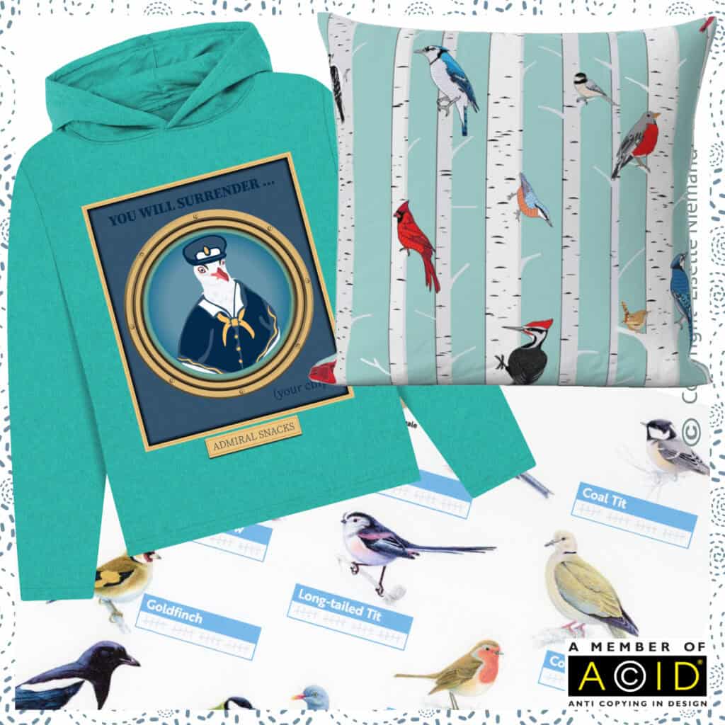 Collage showing an RSPB Big Garden Birdwatch tally sheet, an Admiral Snacks hoodie fundraiser, and a Backyard Birds cushion design by SassiNiemand