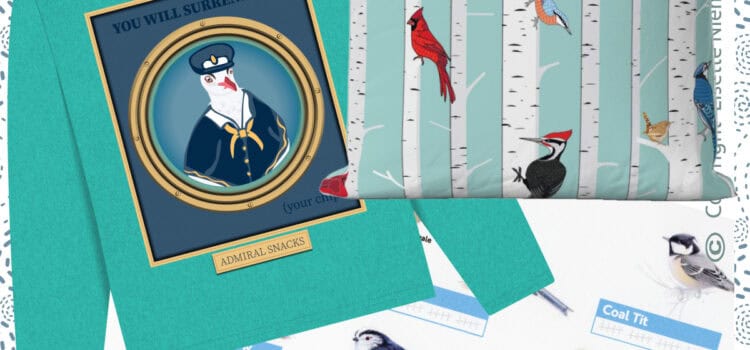 Collage showing an RSPB Big Garden Birdwatch tally sheet, an Admiral Snacks hoodie fundraiser, and a Backyard Birds cushion design by SassiNiemand