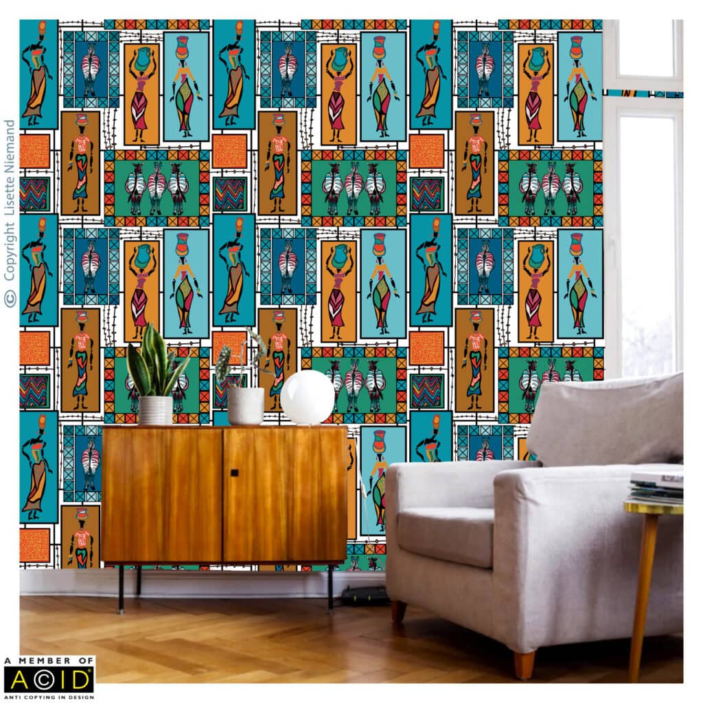 Surface Pattern Design by Lisette Niemand called African Global Tapestry (White) featured on a wallpaper mock-up. The design includes African ladies, colourful zebras, bold geometric chevrons and zigzags, and leopard print, all arranged in vibrant blocks of colour.