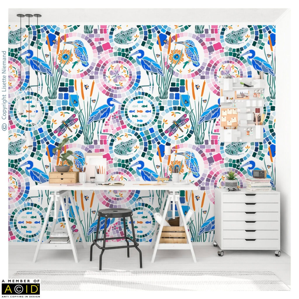 Studio interior featuring Kaleidoscope Pond Life wallpaper from the Kaleidoscope Collection by Lisette Niemand, with herons, frogs, dragonflies, butterflies, bumble bees, fish and mosaic inspired circles.