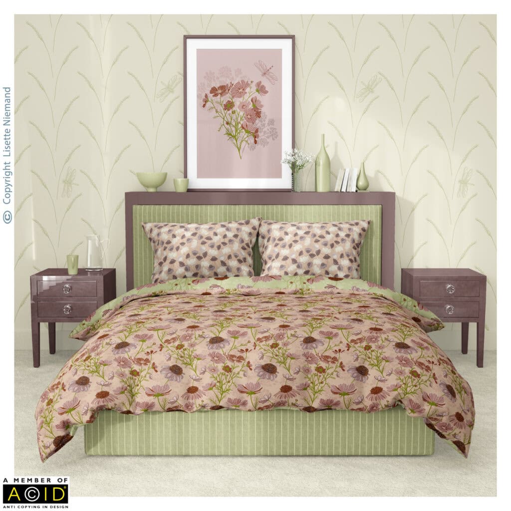 Artist-styled bedroom mock-up showcasing wallpaper, duvet cover and pillows from the Home Grown Cottage Core Collection by Lisette Niemand.