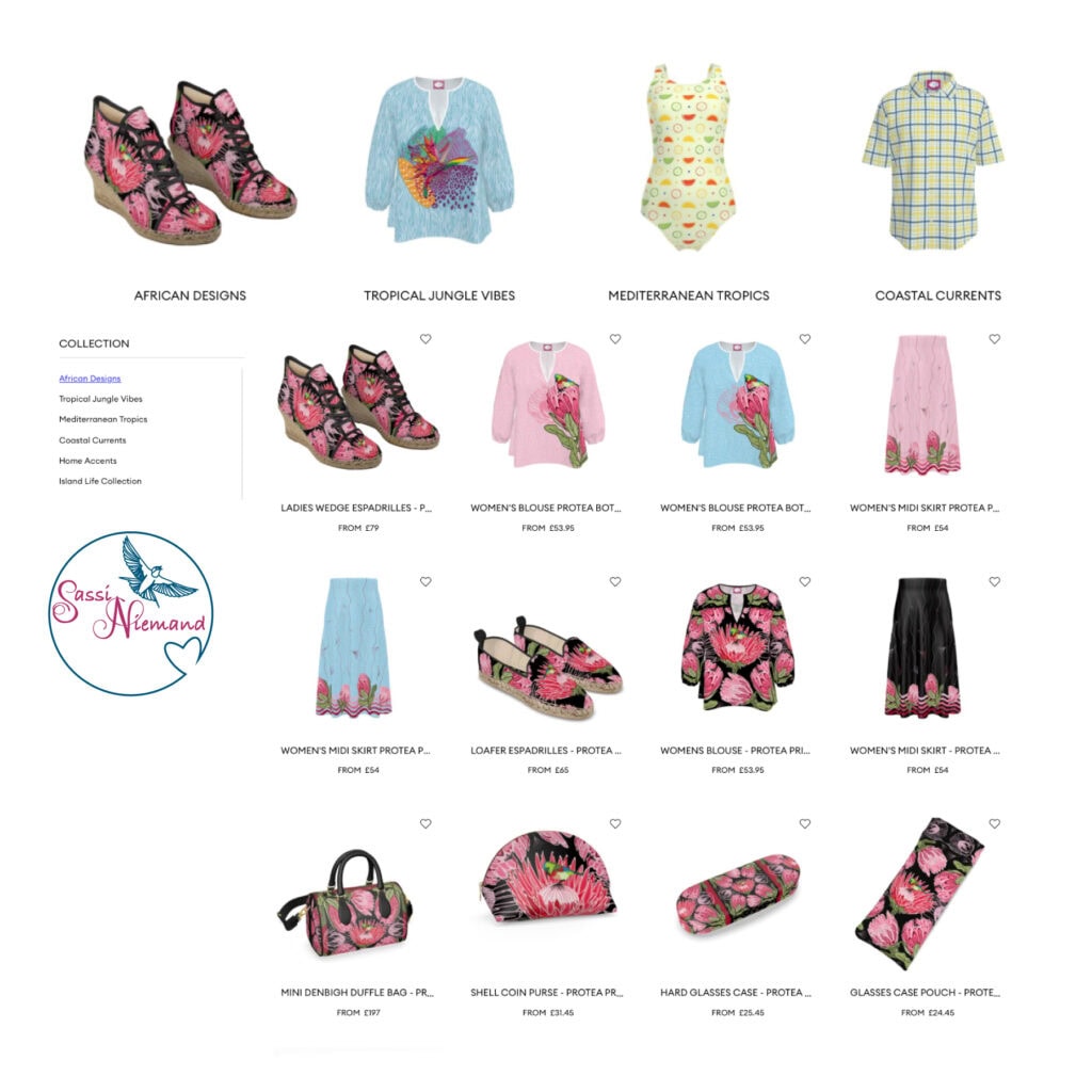 Website and product collection overview from SassiNiemand showing clearly defined design categories including African Designs, Tropical Jungle Vibes, Mediterranean Tropics and Coastal Currents.