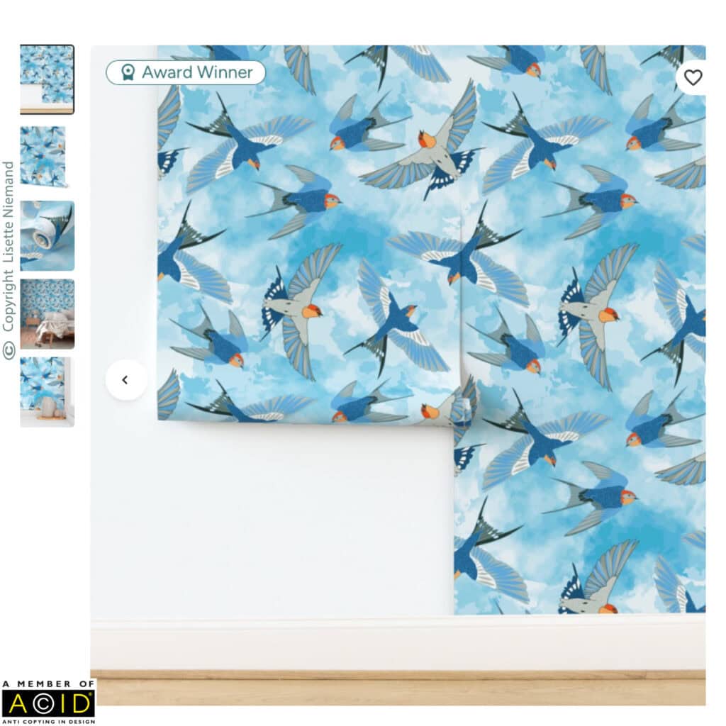 The Sky is the Limit surface pattern design by Lisette Niemand featuring swallows flying through a soft blue sky background, recognised with a Top 100 placement in the Spoonflower Break Room Design Challenge.