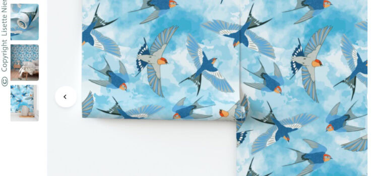 The Sky is the Limit surface pattern design by Lisette Niemand featuring swallows flying through a soft blue sky background, recognised with a Top 100 placement in the Spoonflower Break Room Design Challenge.