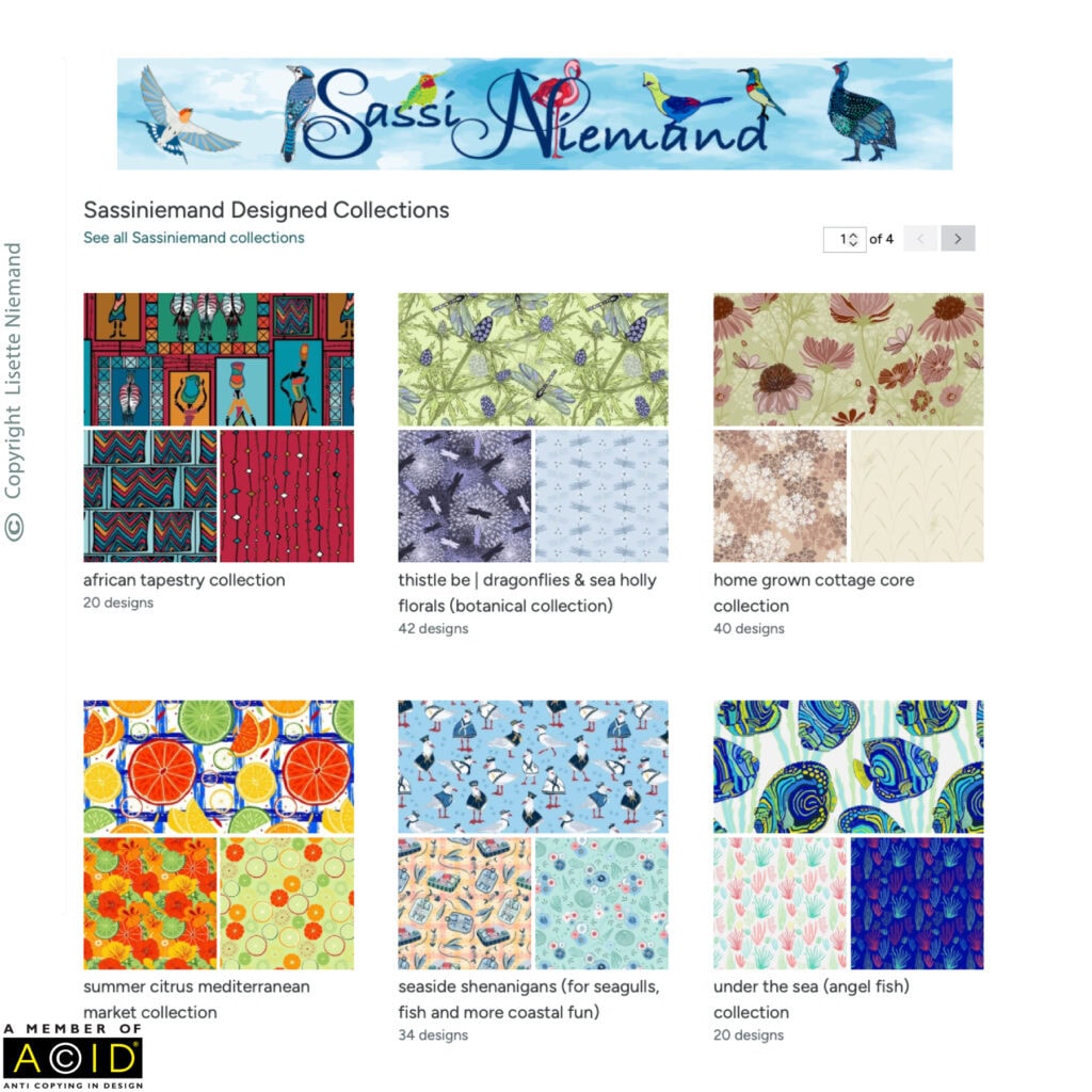 Screenshot of newly organised Spoonflower design collections by Lisette Niemand, showing curated surface pattern collections including African Tapestry, Thistle Be, Home Grown Cottage Core and Summer Citrus after restructuring and improved file alignment.