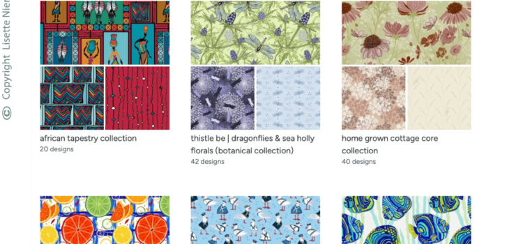 Screenshot of newly organised Spoonflower design collections by Lisette Niemand, showing curated surface pattern collections including African Tapestry, Thistle Be, Home Grown Cottage Core and Summer Citrus after restructuring and improved file alignment.