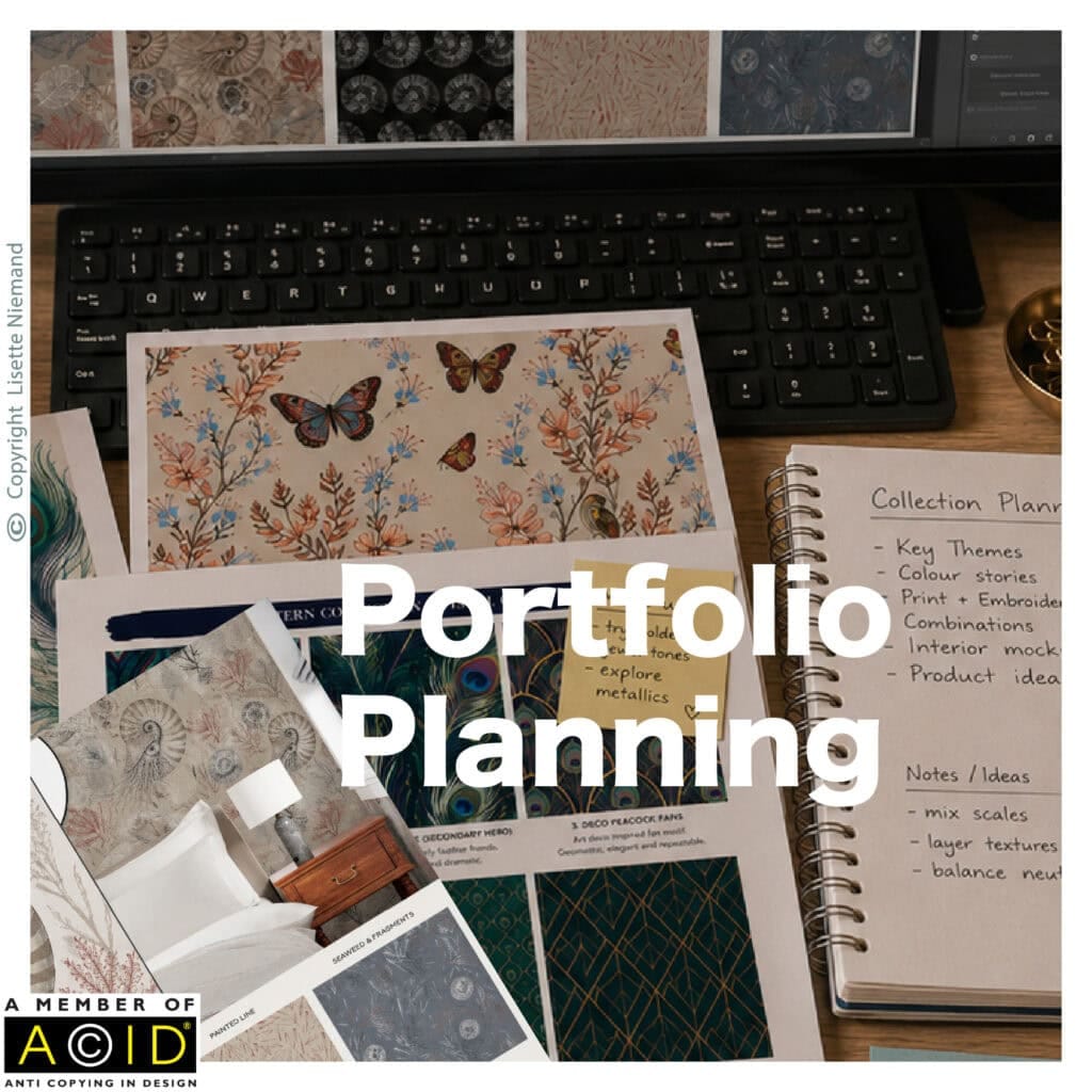 Beginning Before Feeling Ready | Portfolio Preparation 1 Portfolio preparation workspace by Lisette Niemand of SassiNiemand showing collection planning notes, website portfolio pages, mock-ups and surface pattern design research
