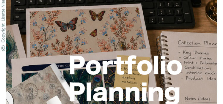 Portfolio preparation workspace by Lisette Niemand of SassiNiemand showing collection planning notes, website portfolio pages, mock-ups and surface pattern design research