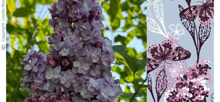 Photograph of lilac flowers beside a SassiNiemand floral surface pattern inspired by the blooms, illustrating how observations from nature become original artwork and supporting Lisette Niemand's approach to advocating for nature through art.