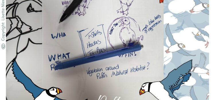 Puffin art and sketchbook planning by Lisette Niemand of SassiNiemand, showing hand-drawn puffin sketches, research notes and illustrated puffins developed from the clowns of the sea into artwork for an Advocating for Nature conservation project.