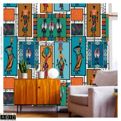 Interior featuring African Global Tapestry wallpaper on white by Lisette Niemand, with figurative motifs, zebras and geometric borders in peacock blue, magenta and artisan gold.