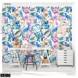 Studio interior featuring Kaleidoscope Pond Life wallpaper from the Kaleidoscope Collection by Lisette Niemand, with herons, frogs, dragonflies, butterflies, bumble bees, fish and mosaic inspired circles.