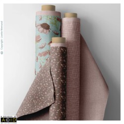 Three fabric rolls featuring designs by Lisette Niemand from the Home Grown Cottage Core Collection, showing a hero design, tossed florals, and a coordinating blender pattern.