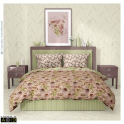 Artist-styled bedroom mock-up showcasing wallpaper, duvet cover and pillows from the Home Grown Cottage Core Collection by Lisette Niemand.