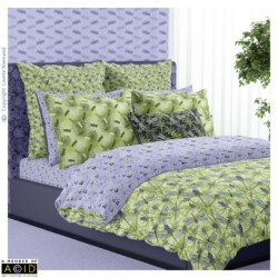 Designs by Lisette Niemand from the Thistle Be Collection shown in a coordinated bedroom mock-up featuring sea holly and dragonfly patterns across bedding and wallpaper in honeydew green, lilac and deep lilac purple tones.