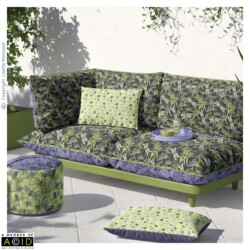 Patio furniture cushions featuring the Thistle Be Sea Holly & Dragonflies design on a dark lilac background from the Thistle Be & Sea Holly Collection by Lisette Niemand.