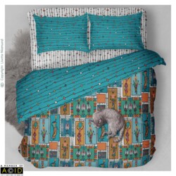 African Global Tapestry<br>
Top 3 Finalist – MAAKE (UK) Global Tapestry Fabric Design Competition<br>
Surface Pattern Design by Lisette Niemand | SassiNiemand African Global Tapestry surface pattern design by Lisette Niemand featuring African inspired figures and geometric motifs shown on bedding textiles.