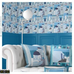 Island Odyssey Postcards<br>
Selected Top Pick – Porter & Brawn Island Odyssey Design Brief<br>
Surface Pattern Design by Lisette Niemand | SassiNiemand Island Odyssey Postcards surface pattern design by Lisette Niemand featuring Mediterranean architecture and Greek island motifs shown as wallpaper and cushions.