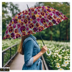 Stripes in Pansy Blooms<br>
Selected Top Pick – Porter & Brawn Stripes in Bloom Design Brief<br>
Surface Pattern Design by Lisette Niemand | SassiNiemand Stripes in Pansy Blooms surface pattern design by Lisette Niemand featuring pansy flowers arranged in striped floral bands shown on an umbrella.