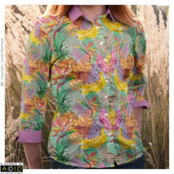 Tropical Jungle Daze<br>
Selected Top Pick – Porter & Brawn Tropical Daze Design Brief<br>
Surface Pattern Design by Lisette Niemand | SassiNiemand Tropical Jungle Daze surface pattern design by Lisette Niemand featuring tropical fruits, jungle foliage and wildlife motifs shown on a clothing mock-up.