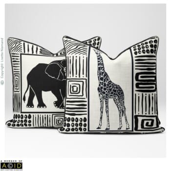 Home Decor Designs 1 African Animal Silhouettes cushion designs by Lisette Niemand featuring elephant and giraffe silhouettes framed with African-inspired geometric borders and bold graphic textures.