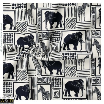 Fabric Designs 1 African Animal Silhouettes fabric design by Lisette Niemand featuring elephant and zebra silhouettes arranged within bold geometric frames and African-inspired textures in a monochrome palette.