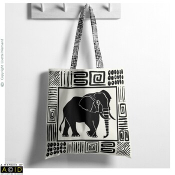 Fashion & Accessory Designs 1 Tote bag design by Lisette Niemand featuring African Animal Silhouette Elephant from the African Animal Silhouettes Collection, shown in a conceptual tote bag mock-up. Features a bold black elephant silhouette framed by hand-drawn African-inspired geometric patterns in a monochrome palette.