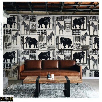 WallPaper Designs 1 Design by Lisette Niemand called African Animal Silhouettes featured on a wallpaper mock-up in a rustic lounge setting. The design includes zebra and elephant silhouettes with African-style textures arranged in a geometric repeating pattern.
