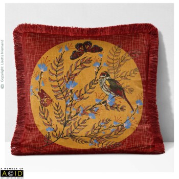 Home Decor Designs 3 Cushion design by Lisette Niemand featuring Charming Chintz, shown as a placement print in a home decor mock-up. Features a central circular motif with bird, butterfly, and botanical elements in warm autumn tones on a red textured background.