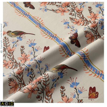 Fabric Designs 3 Fabric design by Lisette Niemand called Charming Chintz, shown in a textile mock-up. Features botanical florals, birds, and butterflies with decorative stripe detailing in autumn-inspired colours including mustard gold, red, blue, and peach.