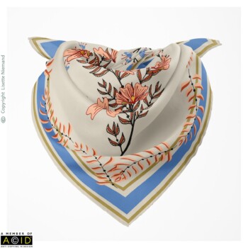 Fashion & Accessory Designs 3 Silk scarf design by Lisette Niemand featuring Charming Chintz, shown in a fashion accessory mock-up. Features a placement print with trailing florals and decorative border detailing in autumnal tones of mustard gold, red, blue, and peach.