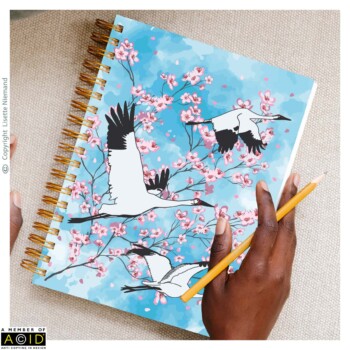 Stationery 4 Journal cover design by Lisette Niemand featuring Lying Under the Cherry Blossom Sky with flying cranes, shown in a stationery mock-up. Features cherry blossom branches on a soft blue background.