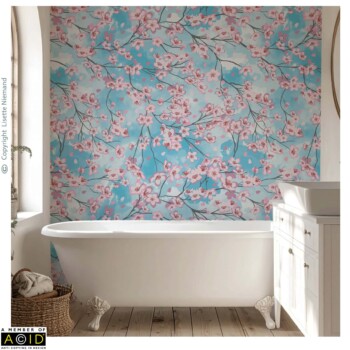 WallPaper Designs 4 Wallpaper design by Lisette Niemand called Lying Under the Cherry Blossom Sky, shown in a country cottage style bathroom interior. Features delicate cherry blossom branches on a soft blue and white cloud-like background.