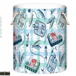 Laundry bag featuring Seaside Sardines Canned and Confined pattern on Salty Dog Gingham by Lisette Niemand from the Seaside Shenanigans collection.
