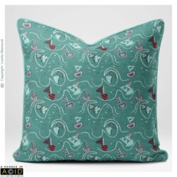 Throw cushion featuring Seaside Fish and Ships on Gale Green pattern by Lisette Niemand from the Seaside Shenanigans collection with playful boats and waves.