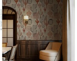 Elegant dining room featuring Wanderlust Cacti wallpaper by Lisette Niemand, with hand-drawn cactus motifs in terracotta, sage, beige and charcoal tones.
